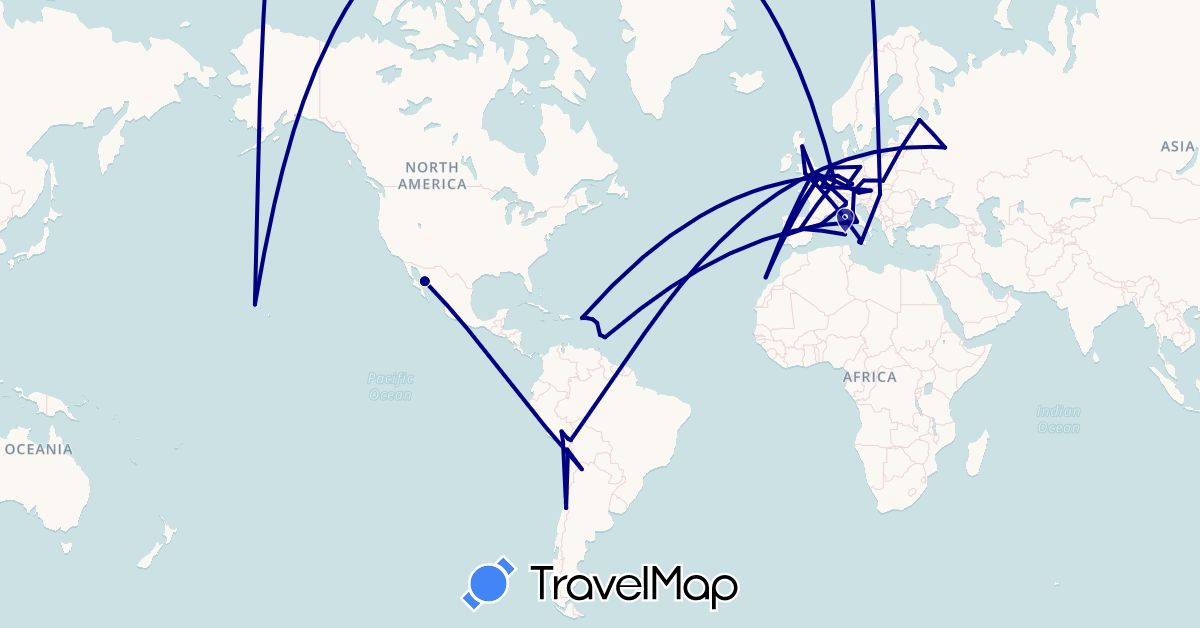 TravelMap itinerary: driving in Antigua and Barbuda, Austria, Barbados, Belgium, Bolivia, Chile, Czech Republic, Germany, Spain, France, United Kingdom, Hungary, Italy, Saint Lucia, Luxembourg, Mexico, Netherlands, Peru, Poland, Portugal, Russia, United States, British Virgin Islands (Europe, North America, South America)
